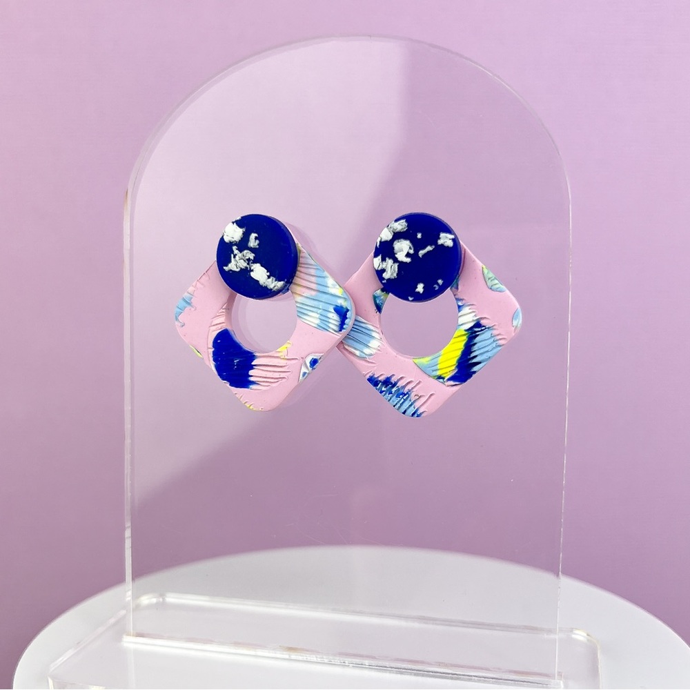 Colorful Abstract Design Polymer Clay Statement Stud Earrings Handmade F…